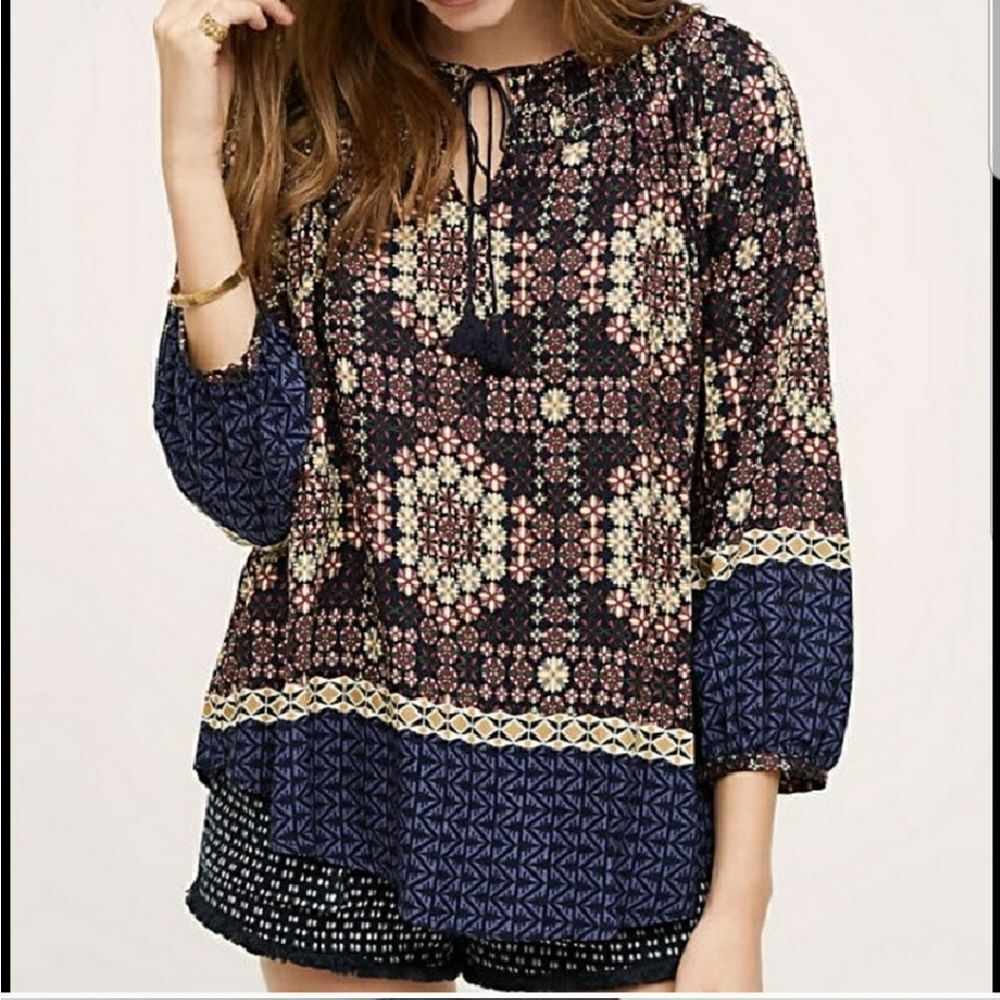 Anthropologie Printed Tie Tassel Blouse Shirt Size XS